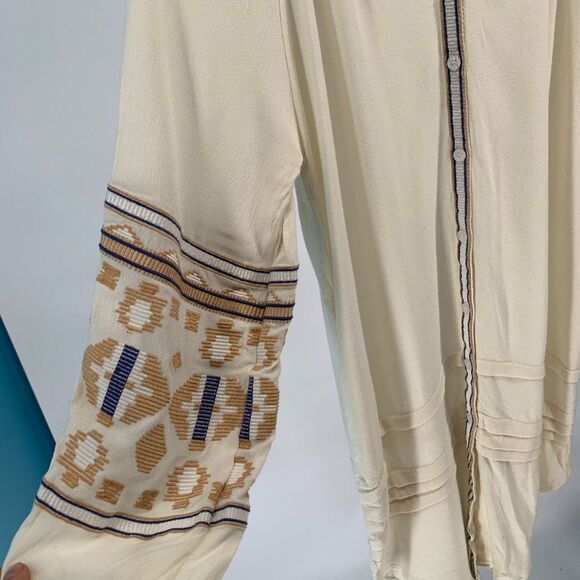 R VIVIMOS long tunic top blouse long sleeve embroidered boho beige white sz s - Picture 3 of 8